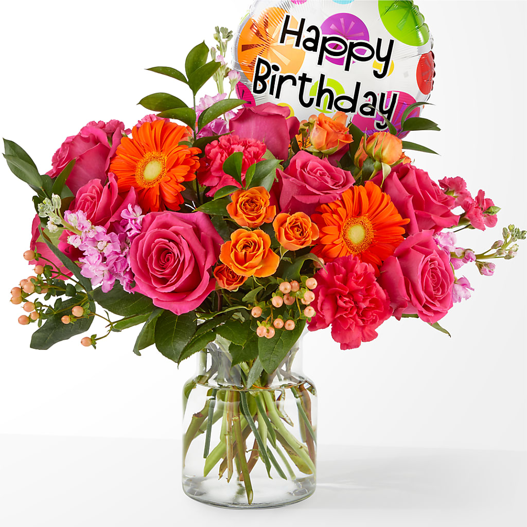 Fiesta Bouquet with Birthday Balloon – Elise Flowers, Tamarac FL