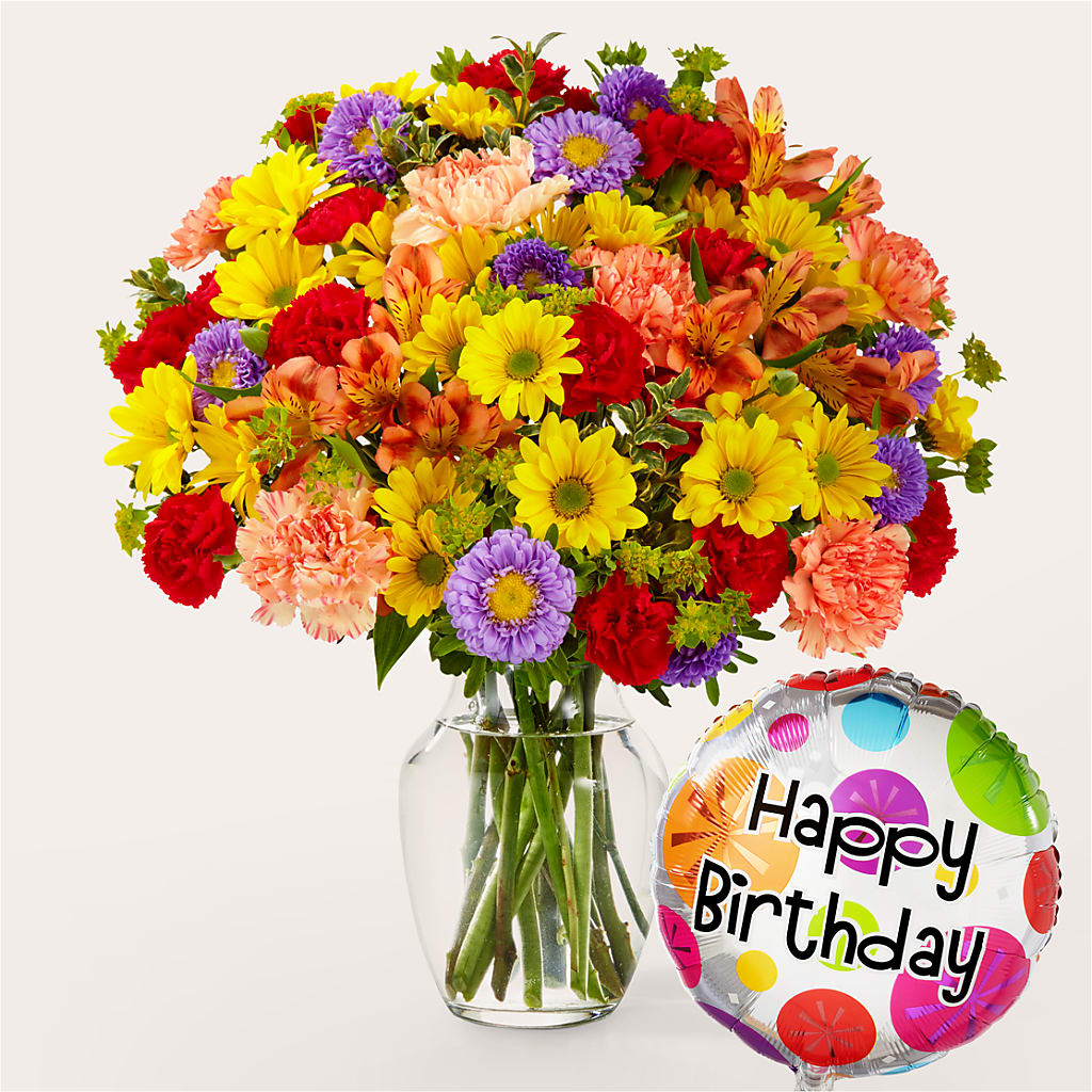 Kaleidoscope Bouquet with Birthday Balloon – Elise Flowers, Tamarac FL