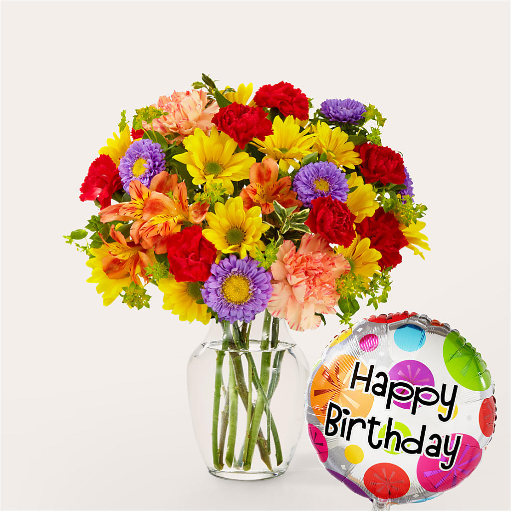 Kaleidoscope Bouquet with Birthday Balloon – Elise Flowers, Tamarac FL