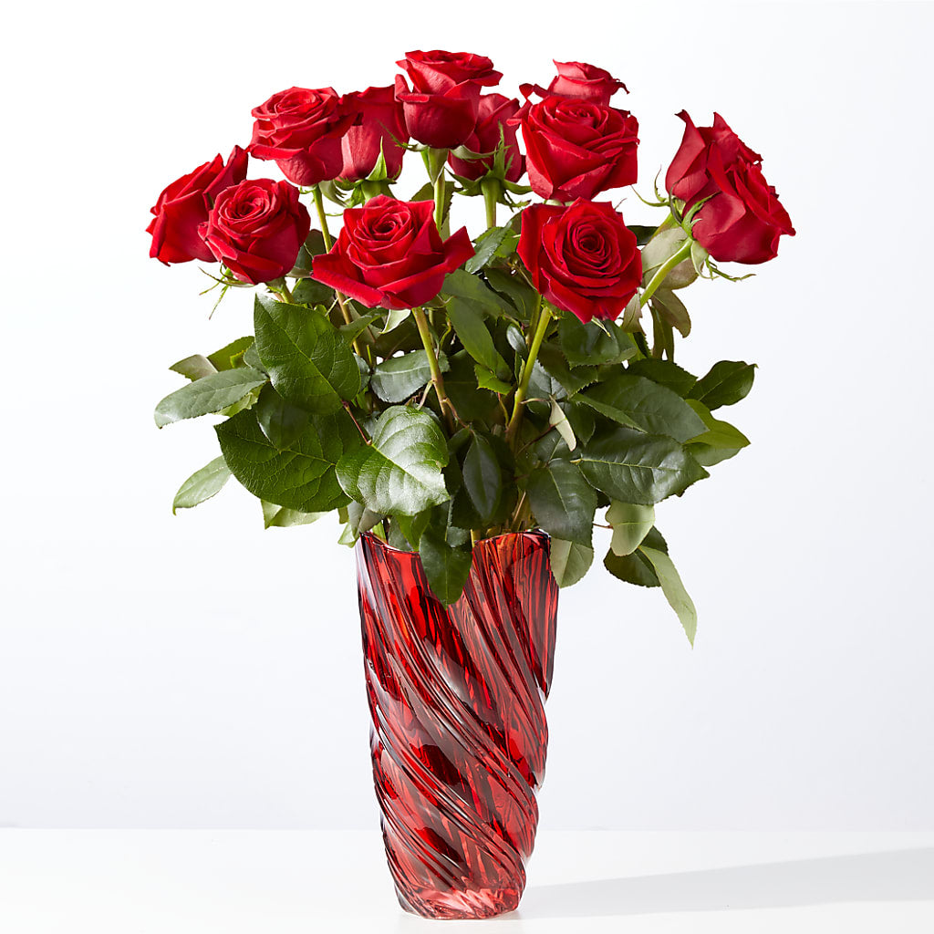 Classic Love Red Rose Bouquet with Luxe Swirl Vase – Elise Flowers, Tamarac FL